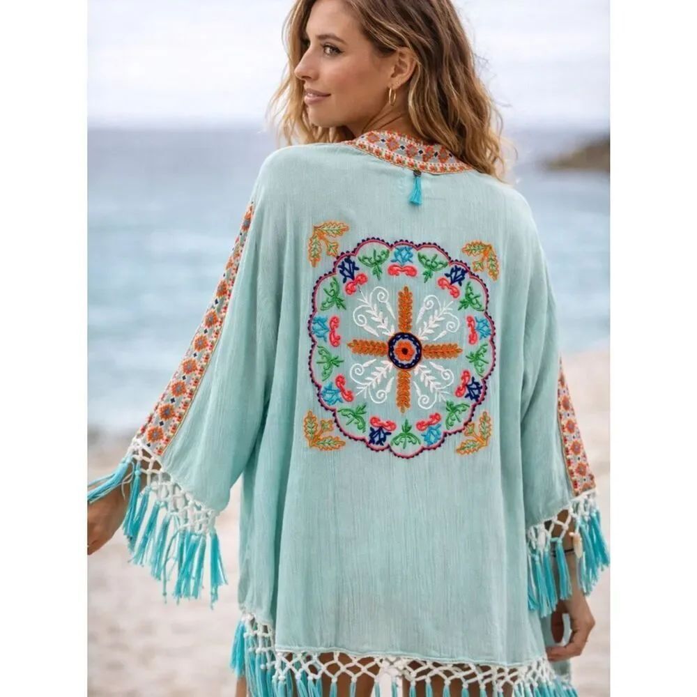 ✨ Z&L Europe Embroidered Boho Kimono Cardigan – Fringe Tassel Detail ✨
